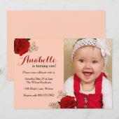 Red Rose First Birthday Invitation Kaart (Voorkant / Achterkant)
