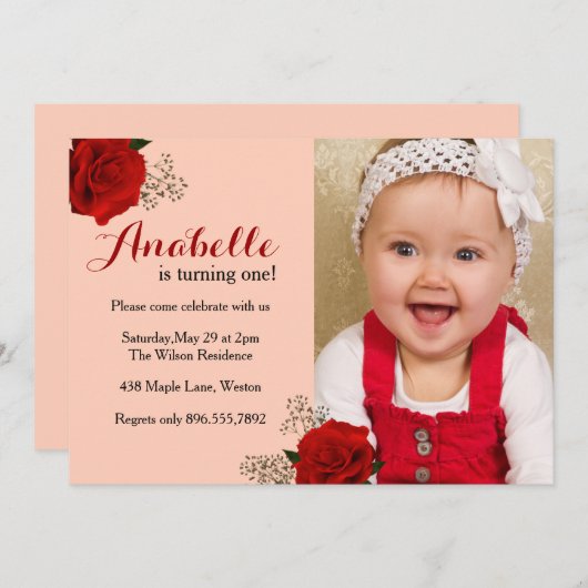 Red Rose First Birthday Invitation Kaart (Voorkant / Achterkant)