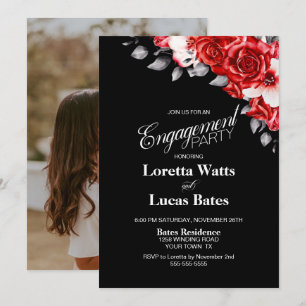 Red Rose Floral Black Engagement Party Foto Kaart