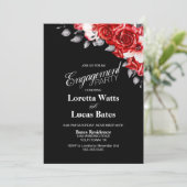 Red Rose Floral Black Engagement Party Kaart (Staand voorkant)