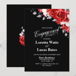 Red Rose Floral Black Engagement Party Kaart