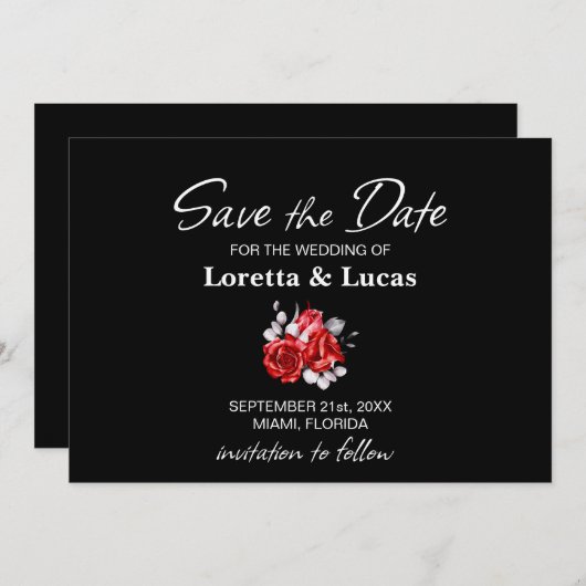 Red Rose Floral Black Wedding Save The Date (Voorkant / Achterkant)