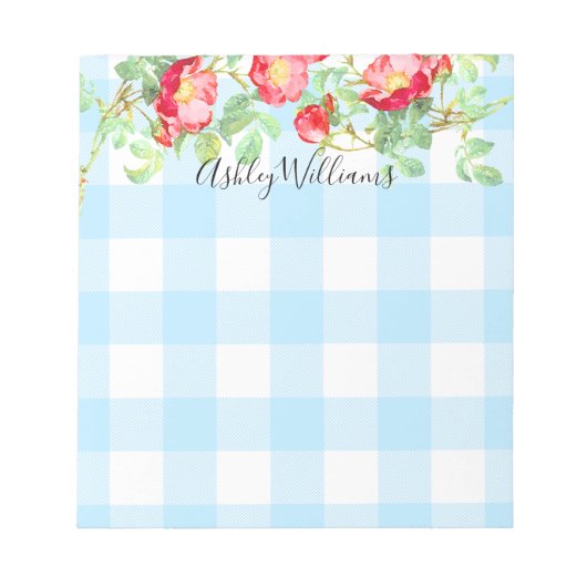 Red Rose Floral Blue Buffalo Spelling Script Monog Notitieblok (Voorkant)