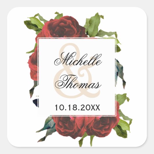 Red Rose Floral Bouquet Wedding Vierkante Sticker (Voorkant)