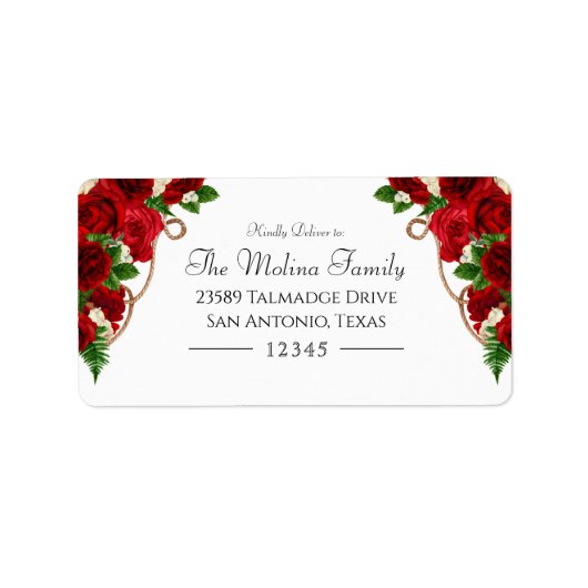 Red Rose Floral Charro Quinceanera Adres Etiket (Voorkant)