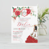 Red Rose Floral Crest Elegant Charra Quinceañera Kaart (Staand voorkant)
