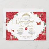 Red Rose Floral en Butterflies Quinceanera Kaart (Voorkant)