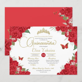 Red Rose Floral en Butterflies Quinceanera Kaart