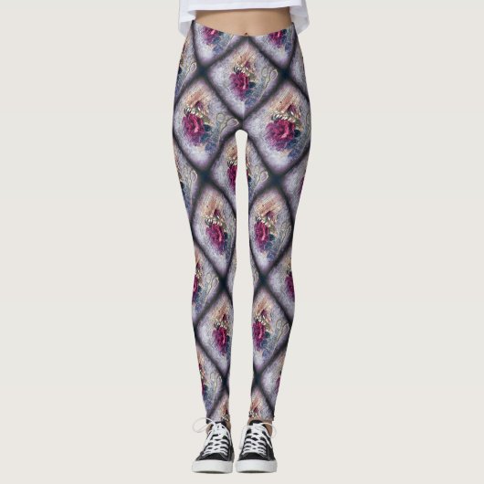 Red Rose Floral Ephemera Leggings (Voorkant)