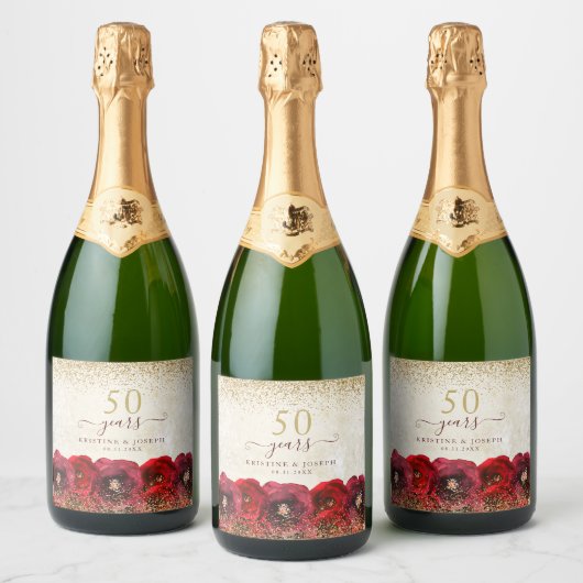 Red Rose Floral Gold 50th Wedding Anniversary Sparkling Wijnetiket (Flessen)