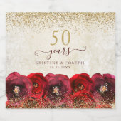 Red Rose Floral Gold 50th Wedding Anniversary Sparkling Wijnetiket (Enkel label)