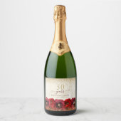 Red Rose Floral Gold 50th Wedding Anniversary Sparkling Wijnetiket (Voorkant)