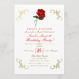 Red Rose Floral Gold Corners Sweet 16 Party Kaart