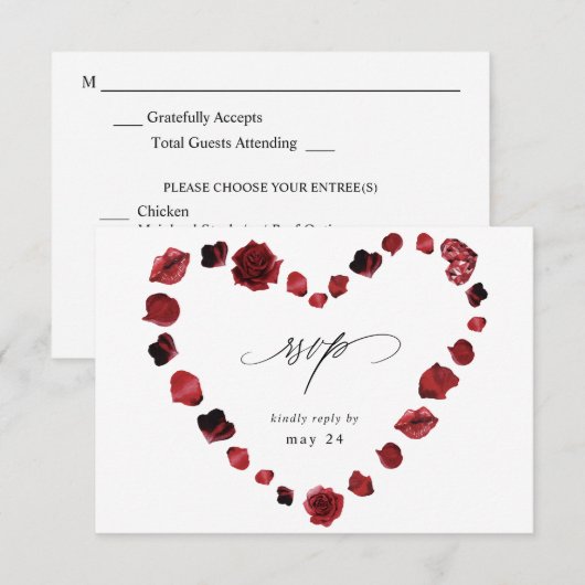 Red Rose Floral & Lips Heart w Meal RSVP (Voorkant / Achterkant)