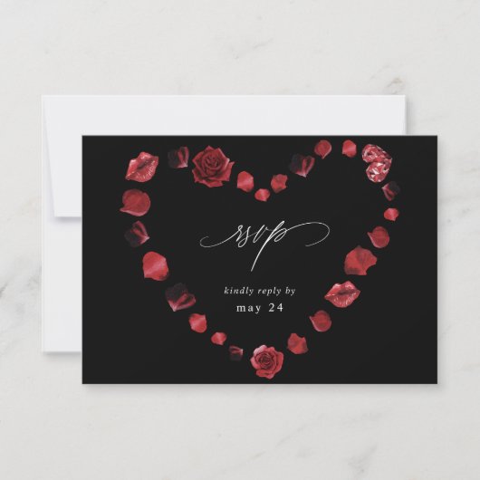 Red Rose Floral & Lips Heart w Meal RSVP - Zwart Kaartje (Voorkant)