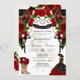 Red Rose Floral Mariachi Charro Quinceanera Invita Kaart