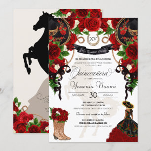 Red Rose Floral Mariachi Charro Quinceanera Invita Kaart