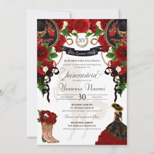 Red Rose Floral Mariachi Charro Quinceanera Kaart (Voorkant)