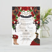 Red Rose Floral Mariachi Charro Quinceanera Kaart (Staand voorkant)