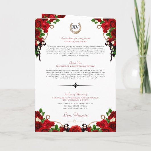 Red Rose Floral Mariachi Charro Quinceanera Programma (Achterkant)