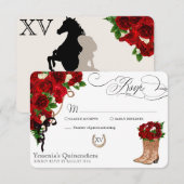 Red Rose Floral Mariachi Quinceanera RSVP Kaartje (Voorkant / Achterkant)
