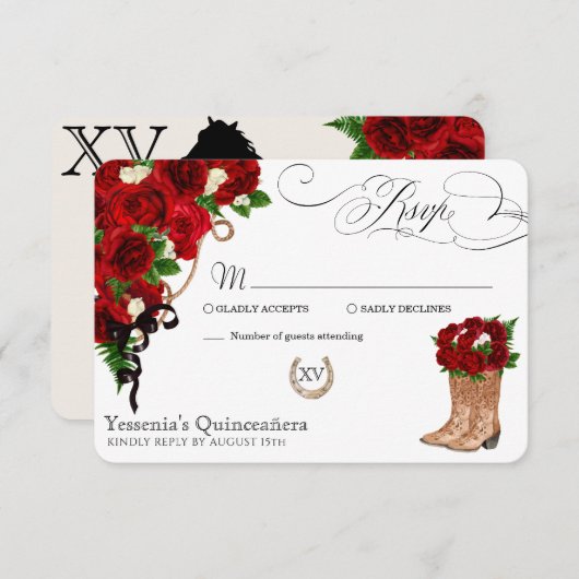 Red Rose Floral Mariachi Quinceanera RSVP Kaartje (Voorkant / Achterkant)