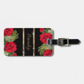Red Rose Floral op zwart Bagagelabel (Voorkant horizontaal)