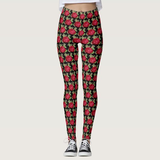 Red Rose Floral op zwarte Leggings (Voorkant)