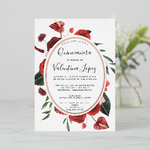 Red Rose Floral Quinceanera Elegant Gold Folie Uitnodiging
