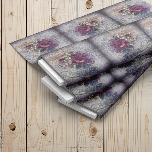 Red Rose Floral Scissors Ephemeral Pattern Stof