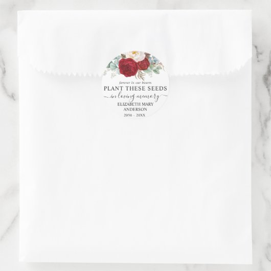 Red Rose Floral Seed Packet Memorial Funeral Ronde Sticker (Tas)