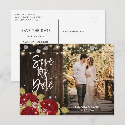 Red Rose Floral sparen de datum Foto Briefkaarten (Voorkant / Achterkant)