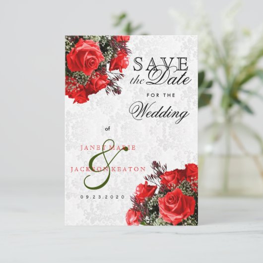Red Rose Floral sparen de Datum Save The Date (Staand voorkant)