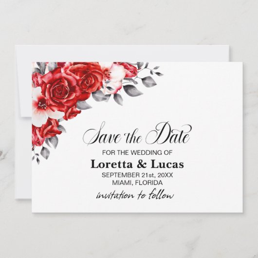 Red Rose Floral Wedding Save the Date (Voorkant)