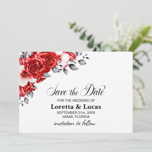 Red Rose Floral Wedding Save the Date (Staand voorkant)