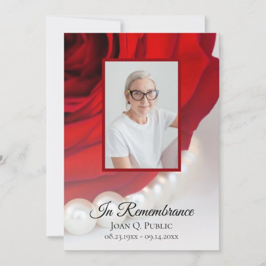 Red Rose Flower en Pearls Death Jubileum Kaart (Voorkant)