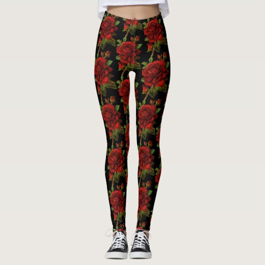 Red Rose Flower Floral Black Leggings (Voorkant)