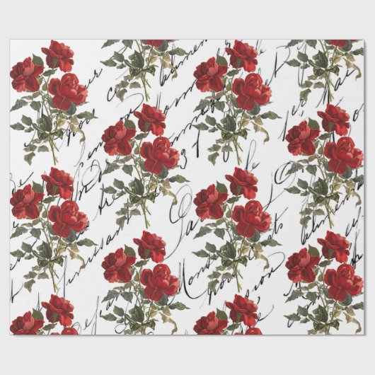 Red Rose Flower  French Script Valentijn Cadeaupapier (Vlak)