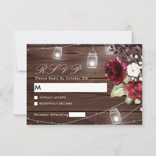 Red Rose Flowers Rustic Wood Wedding RSVP Card (Voorkant)