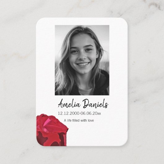 Red Rose Funeral Prayer Card Contactkaartje (Voorkant)