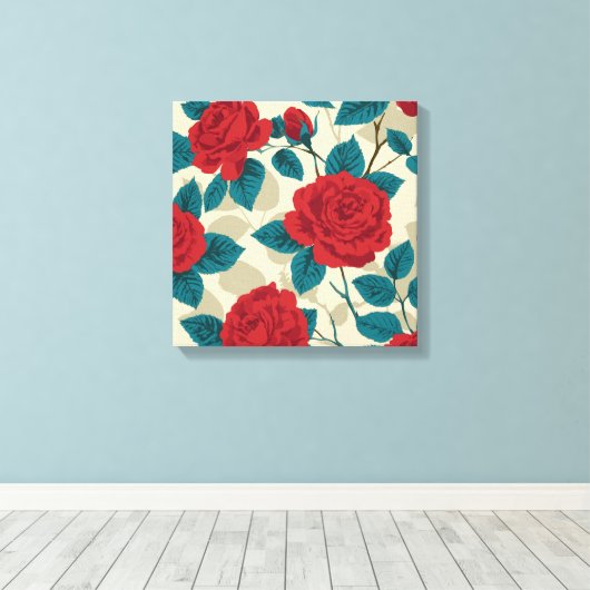 Red Rose Garden Pattern -  bloemsierkunst Canvas Afdruk (Insitu (Houten vloer))