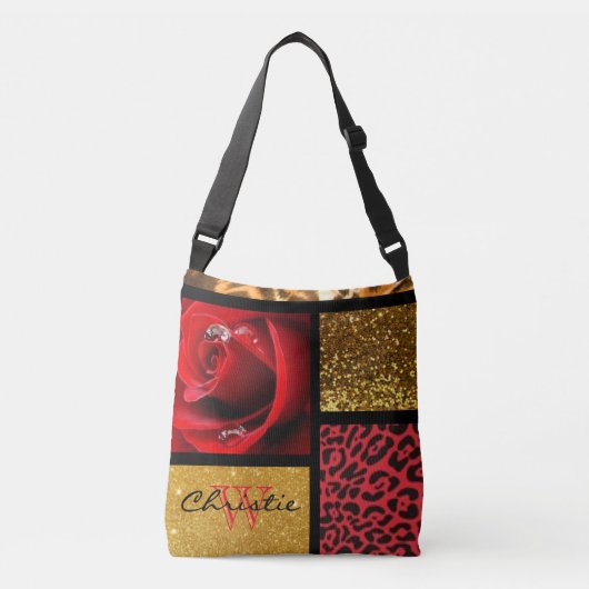 Red Rose Glitter Gold Leopard Collage Crossbody Tas (Voorkant)