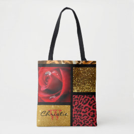 Red Rose Glitter Gold Leopard Collage Tote Bag