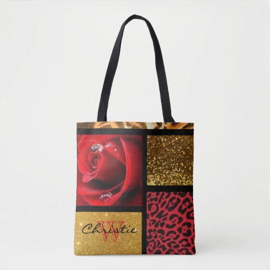 Red Rose Glitter Gold Leopard Collage Tote Bag (Voorkant)