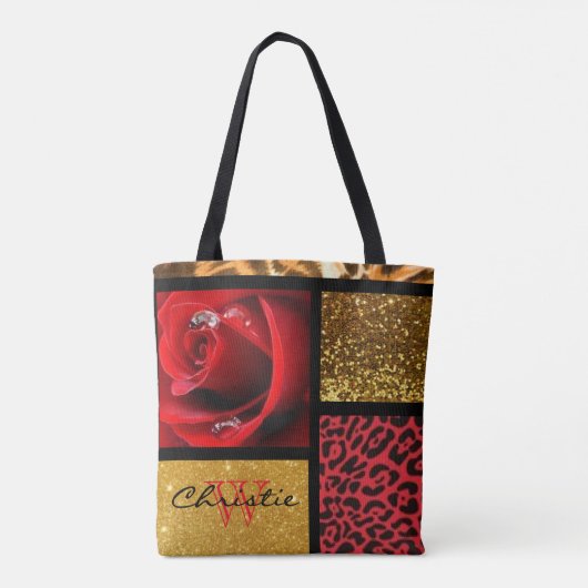 Red Rose Glitter Gold Leopard Collage Tote Bag (Achterkant)