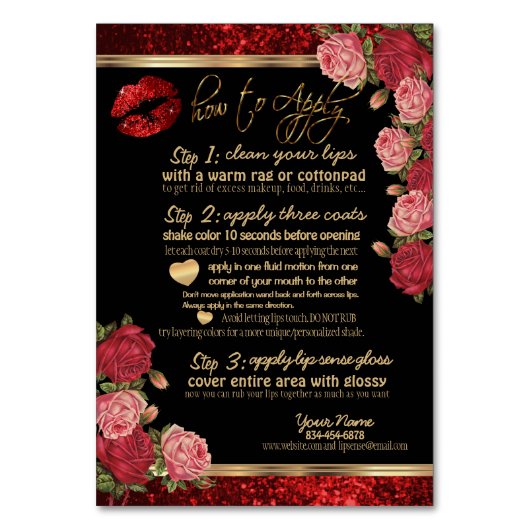 Red Rose Glitter - Zwart - Lip Instructies Flyer Kaart (Voorkant)