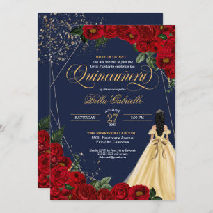 Red Rose Gold Beauty en Beast Quinceañera Kaart