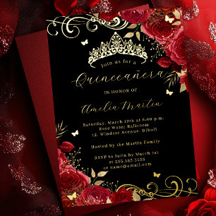 Red Rose Gold Black Floral Swirl Quinceanera Folie Uitnodiging