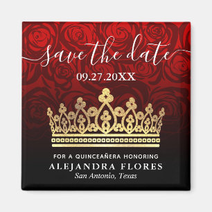 Red Rose Gold Black Quinceanera Save the Date Magneet
