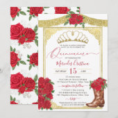 Red Rose & Gold Charra Floral Boot Quinceanera in Kaart (Voorkant / Achterkant)